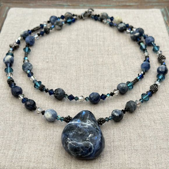 Sodalite Stone Pendant Crystal Beaded Double Strand Sterling Silver Necklace 11" - Picture 1 of 13